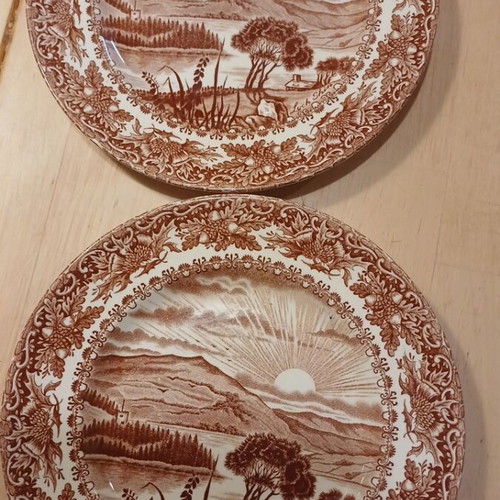 Vintage English Ironstone Loch Shin Plates set of 2 used, brown transferware