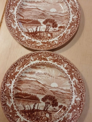 Vintage English Ironstone Loch Shin Plates set of 2 used, brown transferware