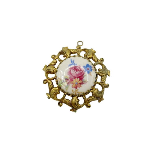 Vintage gold-plated pendant with porcelain floral decoration like new
