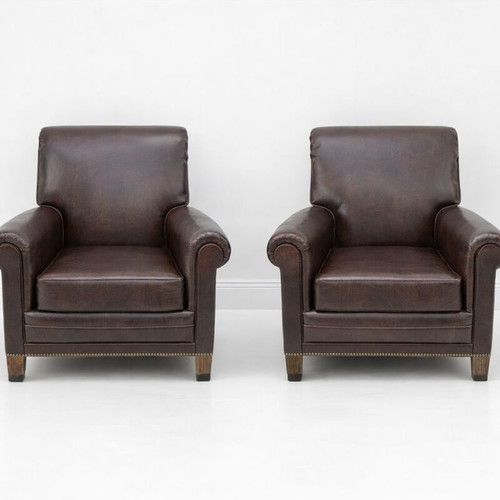 Leatherette Club Armchair Like New with Brass Legs and Studded Trim