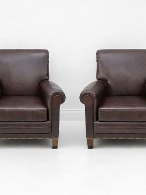Leatherette Club Armchair Like New with Brass Legs and Studded Trim
