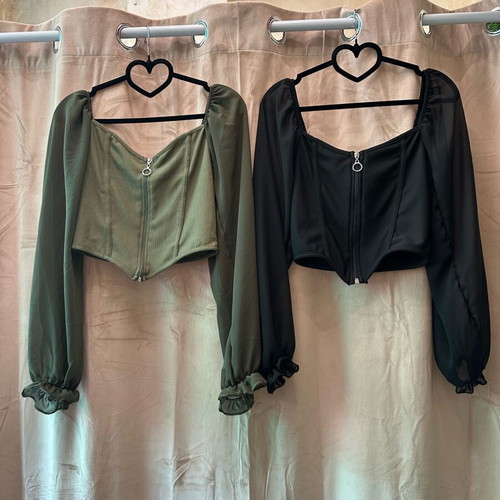 Short blouses with front zipper new, sizes S and M, black and green
