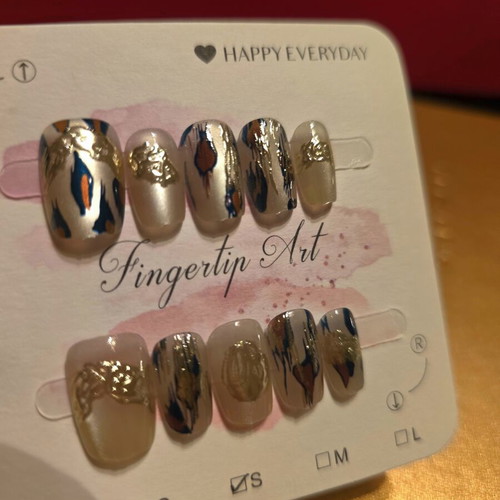Press on nails handmade double layered acrylic cat eye with leopard decoration and gold trim