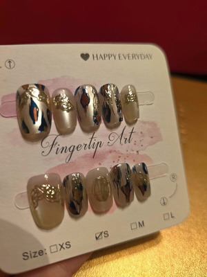 Press on nails handmade double layered acrylic cat eye with leopard decoration and gold trim