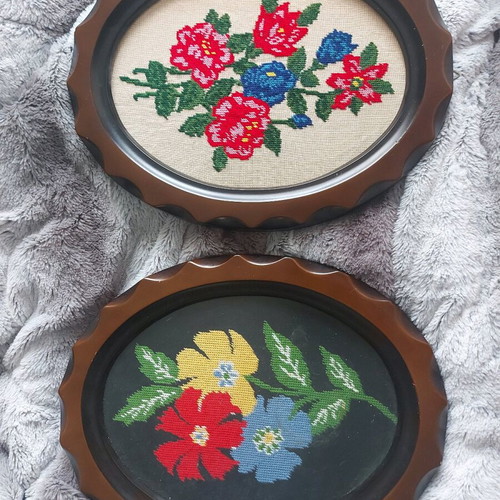 Embroidered paintings used, set of 2 floral pieces from 60-70s