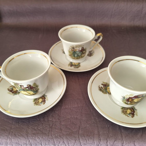 Vintage porcelain coffee cup set of 3 with romantic scenes and gold detail