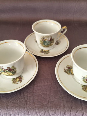 Vintage porcelain coffee cup set of 3 with romantic scenes and gold detail