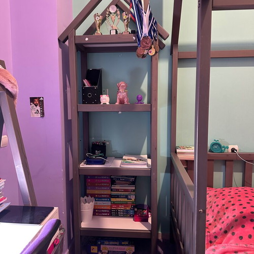Montessori style children's bed and bookshelf set, gray wood