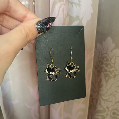 Cat earrings new, black and gold tone
