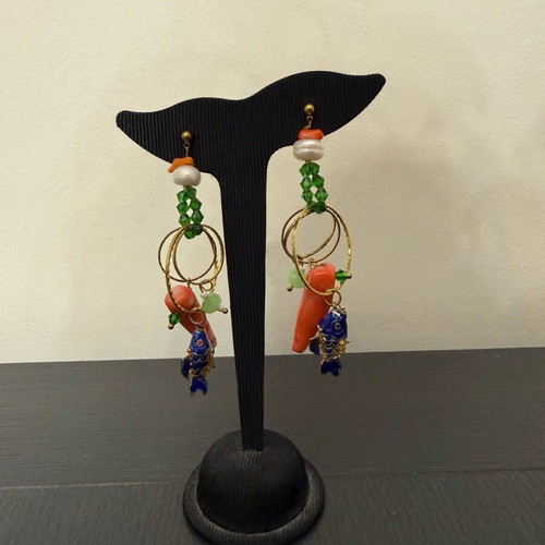 Handmade earrings like new with beads, pearls, coral and metal details