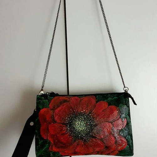 Crossbody bag made of genuine leather with hand-painted flower new