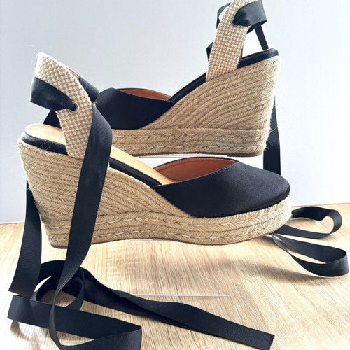 BSB black platform sandals like new, satin and rope, size 40.5-41