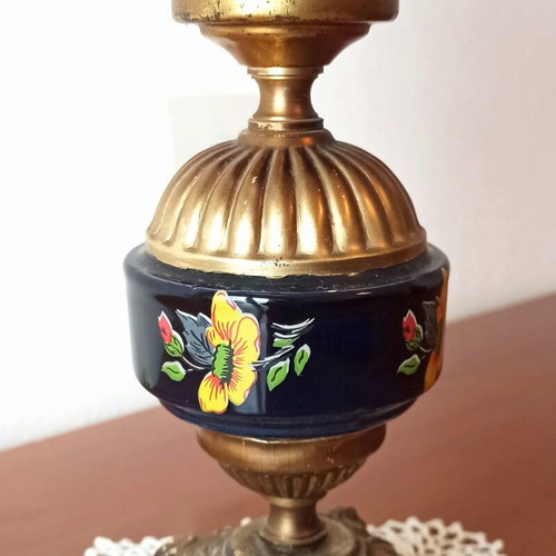 Vintage table lamp with glass shade and decorative metal base used