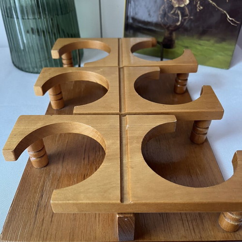 Vintage wooden tray with 6 circular slots, Mid-Century Modern style