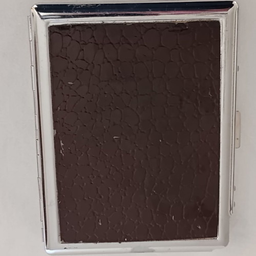 Old cigarette case with built-in lighter used, 1980s metal corporate gift