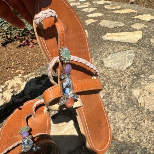 Christina Fragista handmade sandals with Swarovski crystals like new, brown