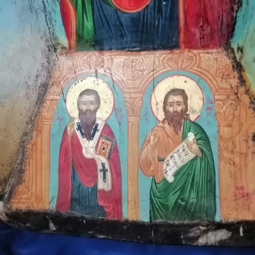 Ιερή εικόνα vintage ζωγραφισμένη σε ξύλινη σκάφη μεταχειρισμένη
