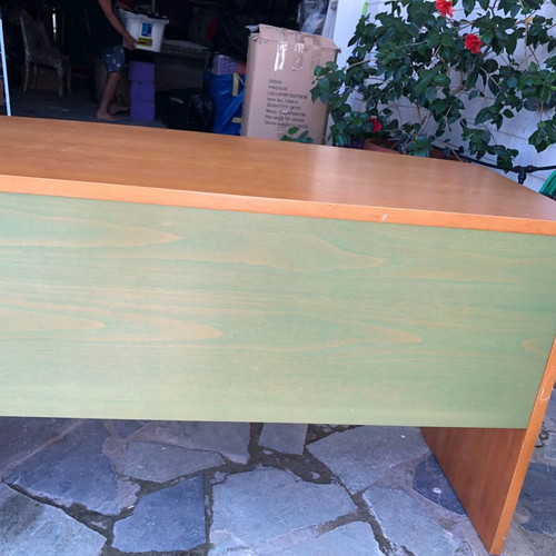 Wooden office room set used, green details, desk and drawer