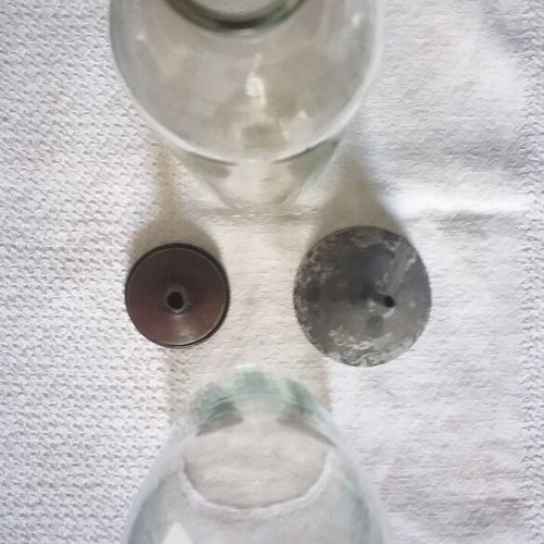 Pharmacist collectible set with glass volumetric flasks and iron funnels
