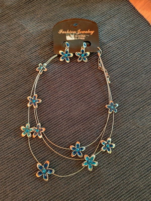 Necklace and earrings set new, silver with blue flower