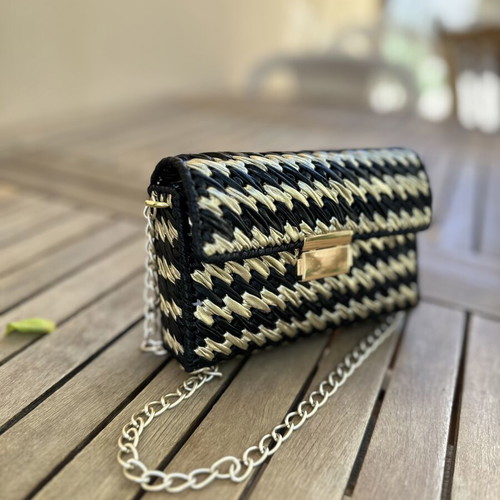 Handmade shoulder bag crossbody with black and gold Missoni-style pattern