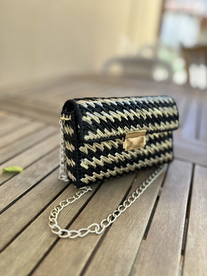 Handmade shoulder bag crossbody with black and gold Missoni-style pattern