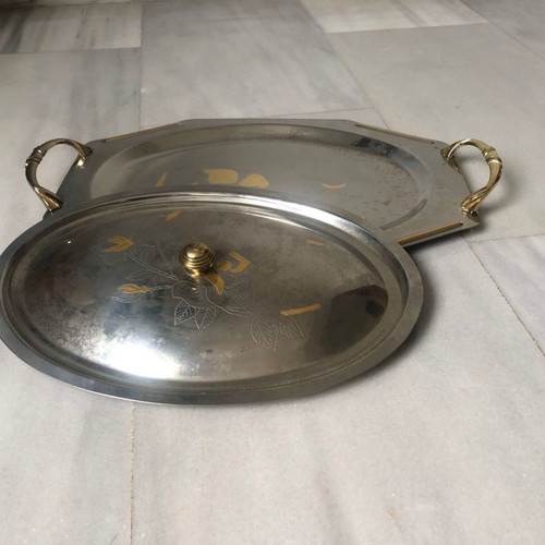 Serving Platter with 24K Gold Used, Stainless Steel and Glass