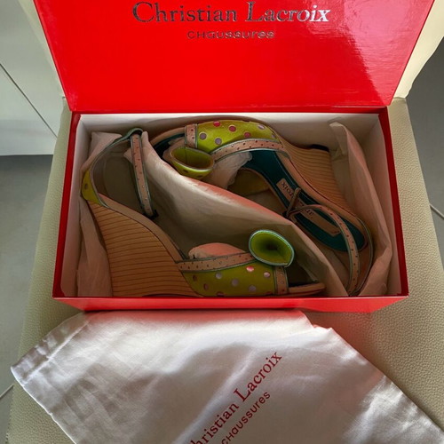 Christian Lacroix suede platform sandals like new, green with turquoise and gray details