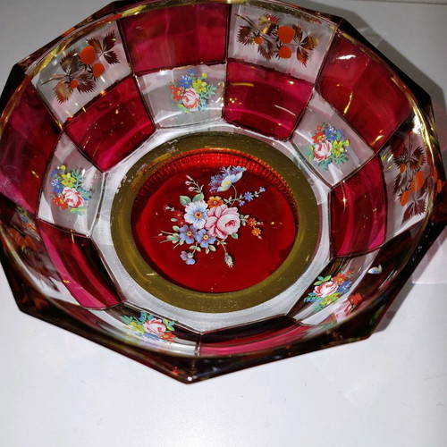 Vintage crystal bowl used 20×12cm with hand-painted flowers and bronze feet