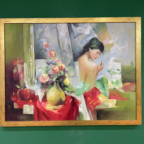 Oil painting used, unique with golden frame, girl theme