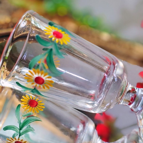Retro pressed glass collector's cup, hand-painted sunflower design