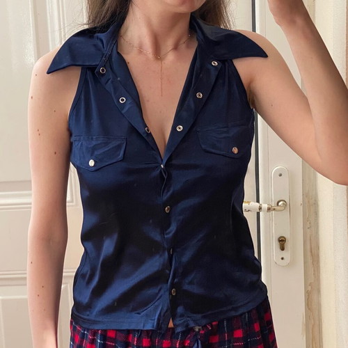90s vintage navy satin sleeveless shirt fitted vest new