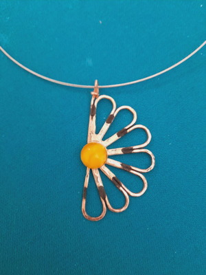 Handmade pendant new copper, silver 925, steel chain, amber stone