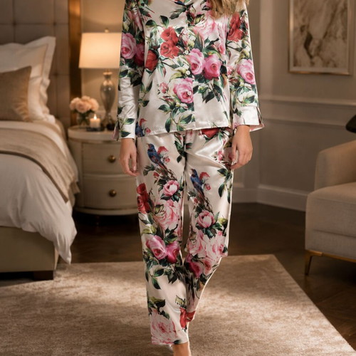 Women's Satin Buttoned Floral Pajamas MISS ROSY Beige 6111 Large New