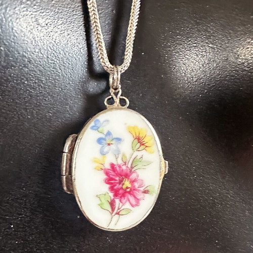 Antique photo locket with hand-painted enamel in vintage box used