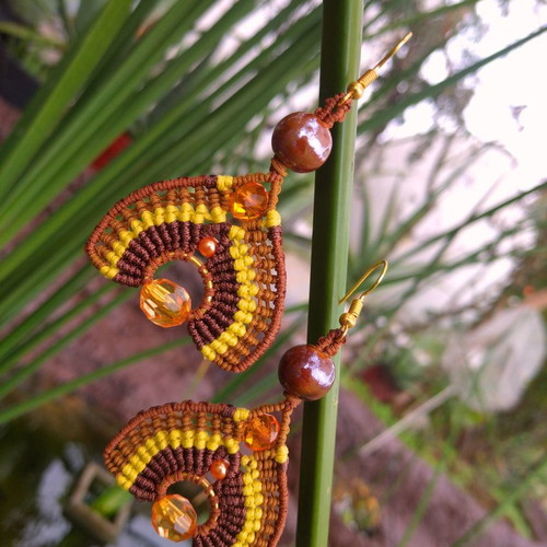 Oleander earrings with macrame art, beads, handmade, new