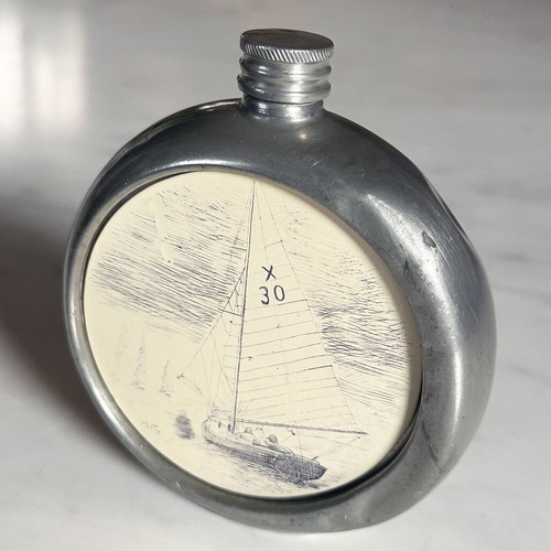 IBW Sheffield pewter flask used with nautical scene 1970s