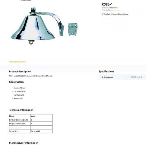 Perko 6" Chrome Plated Brass Fog Bell Removable New