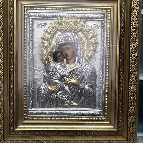 Religious icon of Virgin Mary with Christ Child, gold frame, wood-metal