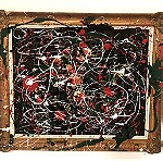  Πίνακας ζωγραφικής abstract, στυλ Jackson Pollock, ακρυλικό πάνω σε παλιό πίνακα με ξυλόγλυπτη κορνίζα, Θεσσαλονίκη, μεικτή τεχνική. Διάσταση 60χ50. καλλιτέχνης Carl Key, Austria. 250€.