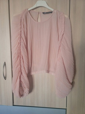 Διάφανη μπλούζα Zara κροπ ροζ απαλό με ραβδωτή υφή, σαν καινούργια