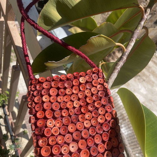 Handmade shoulder bag with natural materials, burgundy
