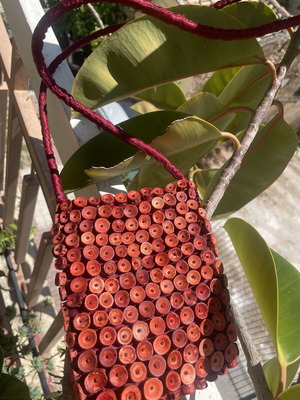 Handmade shoulder bag with natural materials, burgundy