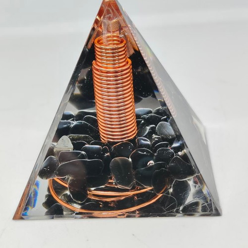 Orgonite pyramid with black obsidian and copper like new