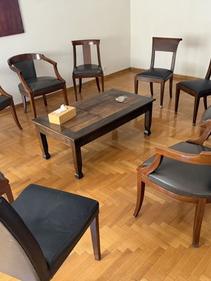 Set of 11 solid wood and leather chairs, 8 by Di Cheiros Varagki