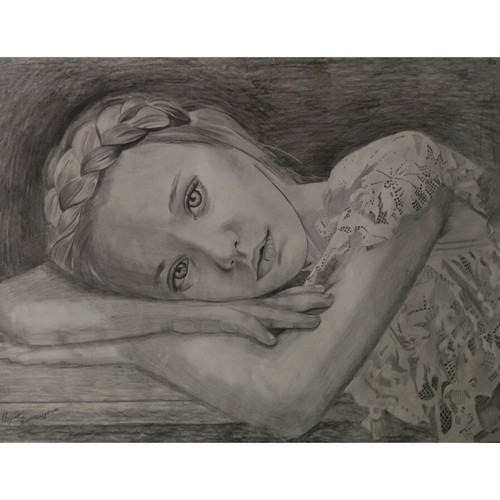 Girl with braid pencil drawing on paper new 35×50