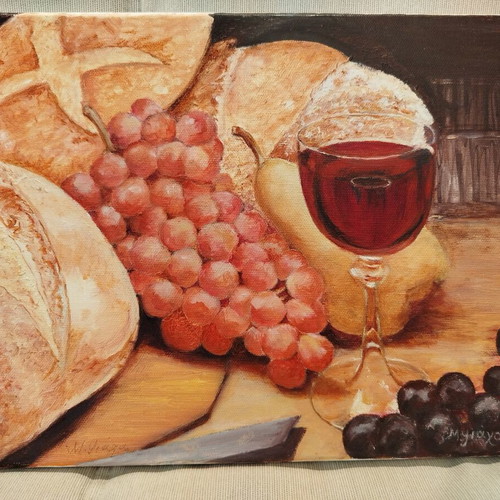 Original Painting Wine & Bread Acrylic on Canvas 25x30cm new