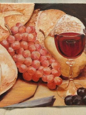 Original Painting Wine & Bread Acrylic on Canvas 25x30cm new