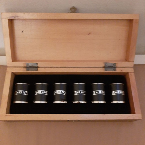 Smirnoff shot glasses collectible set like new with wooden box