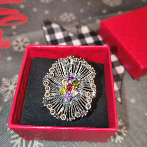 Silver handmade ring with multicolor zircon and marcasite, like new